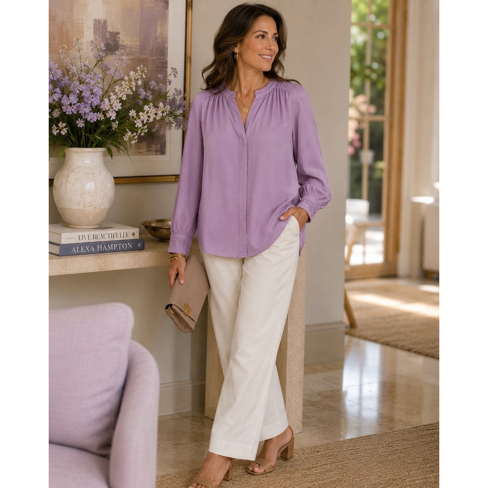 Chico's Shimmer Blouse Lavender Skies Purple Split V-Neck Long Sleeve Top NWT 1